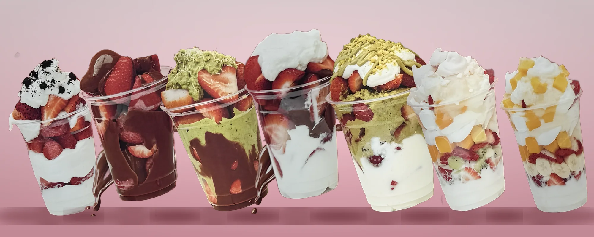 The Choco L’Art fruit cup lineup: Berry Cream, Choco Berry, Dubai Pistachio, Choco Cream, Cream Dubai Pistachio, Merengón and Fruit Salad